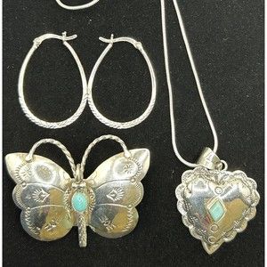 Silago Sterling Silver & Turquoise BUTTERFLY ~ HEART LOT Of 3 ~19 g Vintage